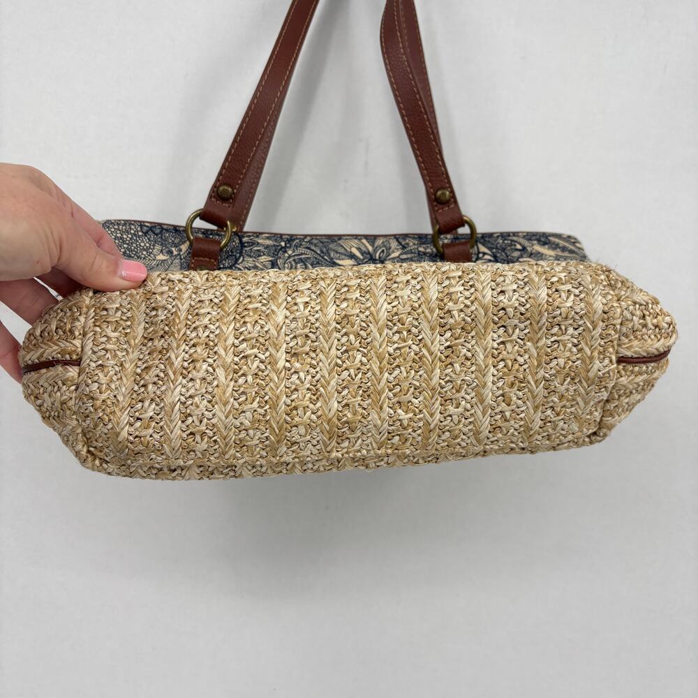 Sakroots Ellis Straw Satchel Shoulder Bag Blue Floral Boho Leather Trim Handbag - Picture 8 of 11